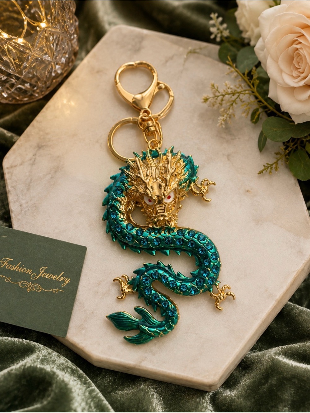 Gold & Teal Dragon Keychain - Picture 1 of 2